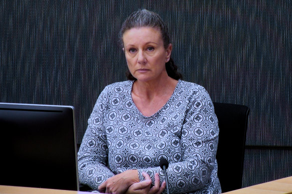 Kathleen Folbigg appears via video link during a convictions inquiry at the NSW Coroners Court in 2019.