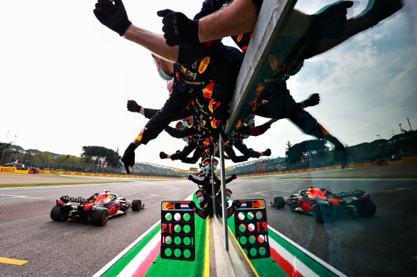 Max Verstappen crosses the line to win the Emilia Romagna Grand Prix for Red Bull.