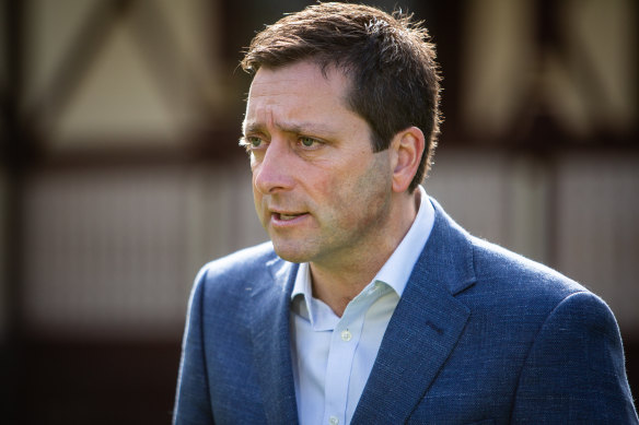 Victorian Opposition Leader Matthew Guy addresses the media on Sunday.