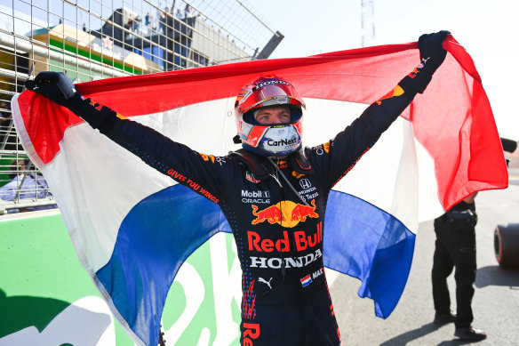 Max Verstappen celebrates winning the Dutch Grand Prix.