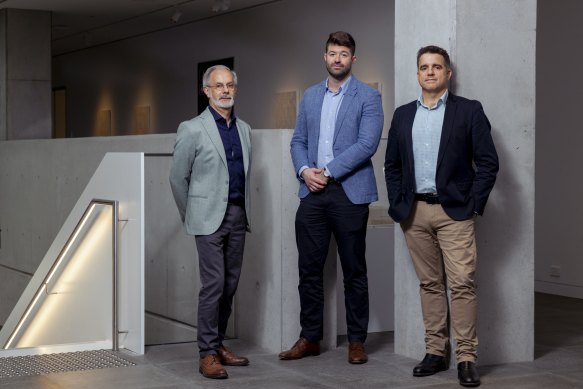 Senior vice president and head of global CNS diseases at Boehringer Ingelheim, Dr Hugh Marston, Associate Professor Michael Bowen and Kinoxis chief executive Hugh Alsop.