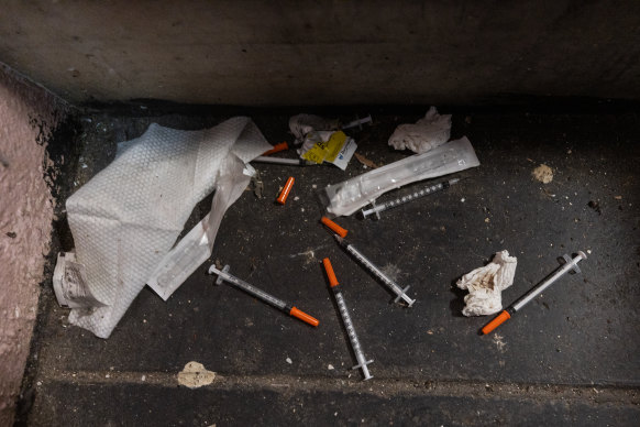 Used syringes litter the public stairwells of several buildings in the South Yarra housing complex. 