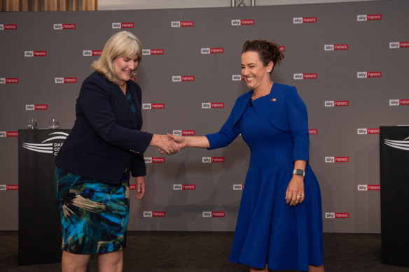 Chief Minister Eva Lawler, left, and Opposition Leader Lia Finocchiaro met for a final public face-off ahead of the poll.