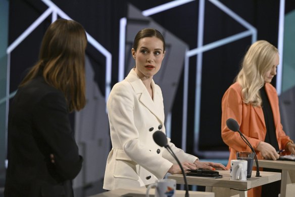 Prime Minister Sanna Marin, centre, attends a pre-election debate in Helsinki on Thursday. The country goes to the polls on Sunday.