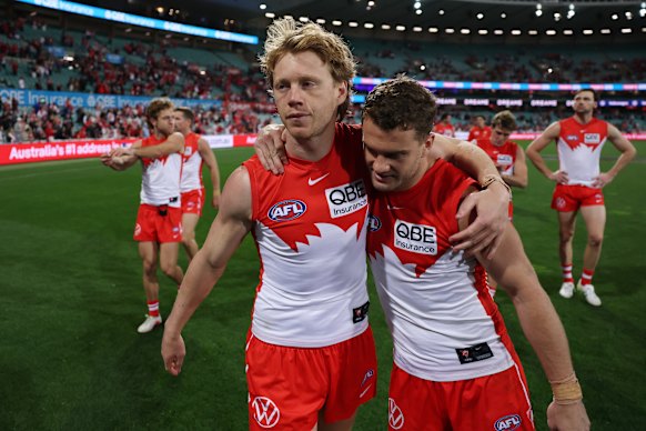 Callum Mills and Tom Papley of the Swans acknowledge the fans at the SCG.