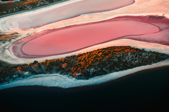 Pretty in pink... aerial view of Rottnest’s bubblegum-hued lakes.