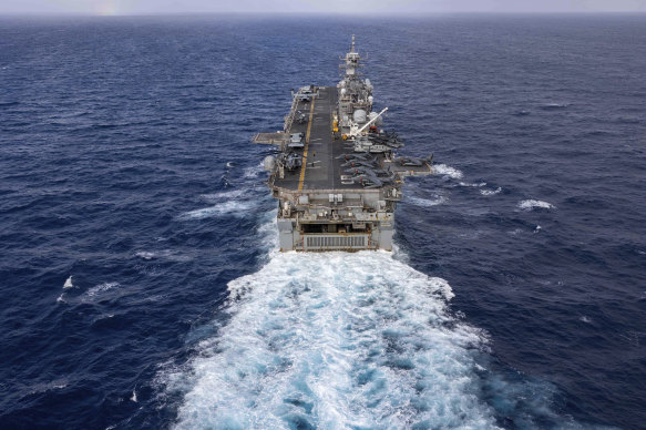 The assault ship USS Bataan travels through Atlantic Ocean.