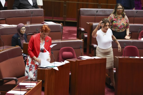 Thorpe was barred from the chamber after throwing papers towards One Nation leader Pauline Hanson on Wednesday. 