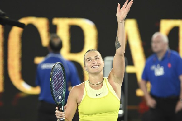 Aryna Sabalenka acknowledges the crowd after her semi-final win.