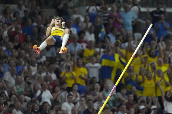 Pole vaulter extraordinaire Armand Duplantis plummets towards a gold medal at the world championships in Budapest last year.