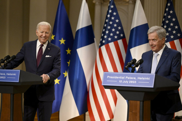 US President Joe Biden and Finnish President Sauli Niinisto holda joint press conference at the Presidential Palace in Helsinki, Finland.
