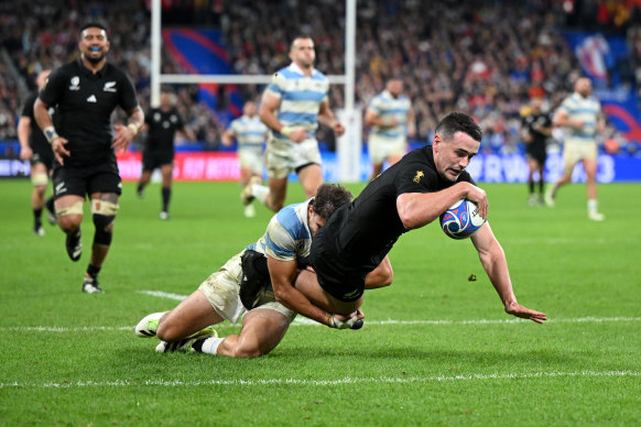 Will Jordan crosses for his third try as the All Blacks secure a place in their fifth World Cup final.