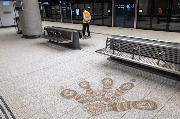 Maree Clarke’s large-scale footprints link all five stations. This one is in Parkville. 