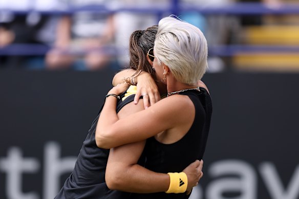 Daria Kasatkina and her partner Natalia Zabiiako celebrate her title win at Eastbourne in 2024.