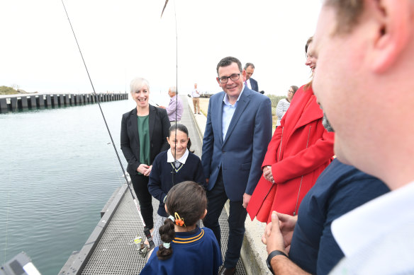 Premier Daniel Andrews promoting fishing alongside wife Catherine (left) in October 2018. 