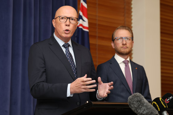 Peter Dutton and opposition home affairs spokesperson James Paterson address the media.