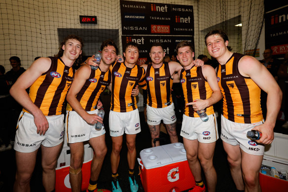 Josh Weddle, Jack Scrimshaw, Jack Ginnivan, Blake Hardwick, Dylan Moore and Josh Ward celebrate in the rooms. 