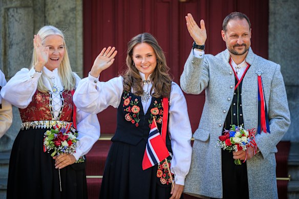 Crown Princess Mette Marit, Princess Ingrid Alexandra and Crown Prince Haakon Magnus of Norway attending the Norwegian Constitution Day at their residence in Oslo.