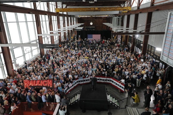 Democratic presidential candidate Mike Bloomberg speaks at a campaign event in Raleigh, North Carolina.