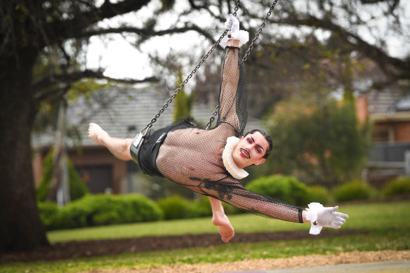 On the swing: circus contortionist Jarred Dewey.