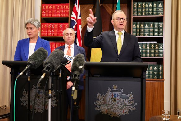 Albanese speaking at a press conference on Thursday morning in Melbourne about the tariffs. 