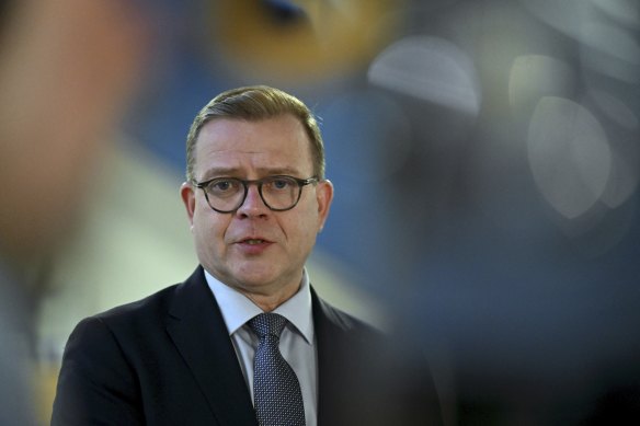 Finnish Prime Minister Petteri Orpo at a press conference in Helsinki on December 26, as police investigate the electricity transmission between Finland and Estonia through the Estlink 2 connection, which was cut on Christmas Day.