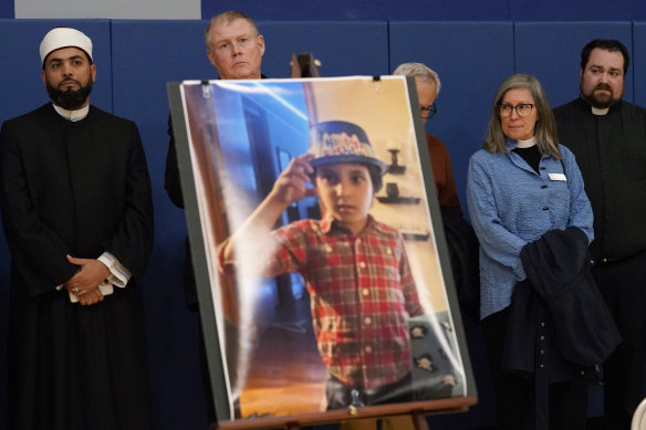 Mourners attend a vigil for Wadea al-Fayoume in Plainfield, Illinois. The six-year-old was stabbed to death in what authorities said was a hate crime.