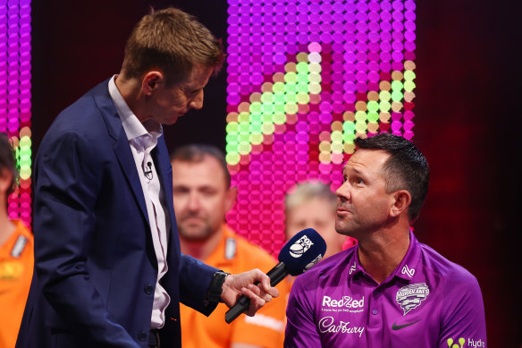 Ricky Ponting being interviewed as Hobart Hurricanes’ head of strategy during Sunday night’s inaugural BBL overseas player draft.