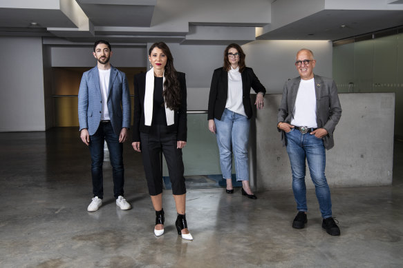 Museum of Contemporary Art chair Lorraine Tarabay (front left), former chair Simon Mordant (front right), and two members of young philanthropist committee MCA Next – Michael Sirmai (left) and Lindsay Clement-Meehan (right). Together they represent three generations of philanthropists who have worked to bring contemporary art to the MCA