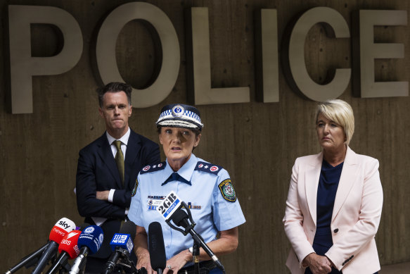 Premier Chris Minns, Police Commissioner Karen Webb and Police Minister Yasmin Catley gave a press conference this morning.