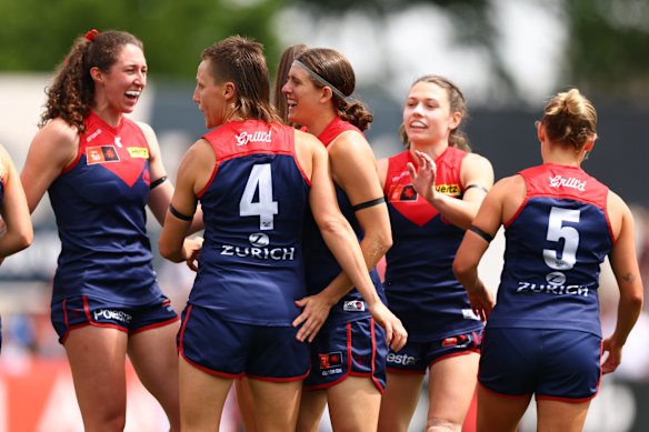 Ryleigh Wotherspoon of the Demons celebrates her goal.