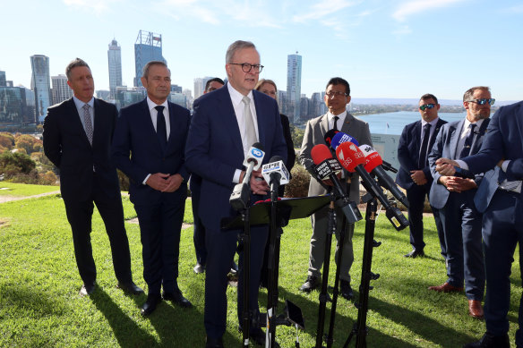 Prime Minister Anthony Albanese with WA Premier Roger Cook at a press conference in Perth.