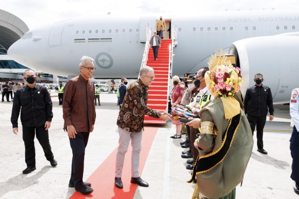 Anthony Albanese arrives at Makassar, following talks with Indonesian President Joko Widodo in Jakarta.