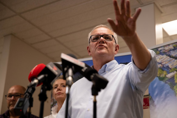 Prime Minister Scott Morrison addresses a press conference in Lismore about the flood catastrophe in the Northern Rivers region of NSW.