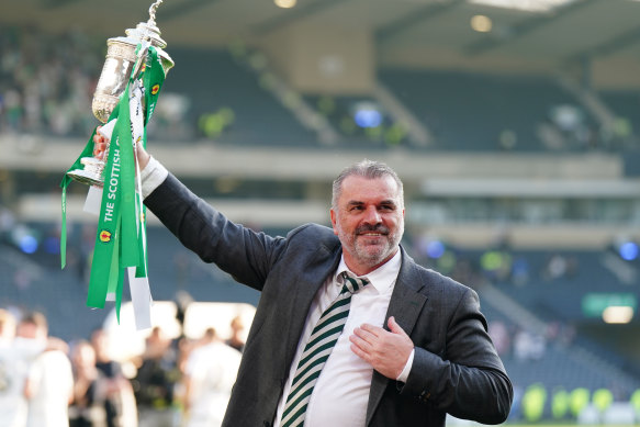 Ange Postecoglou celebrates Celtic’s Scottish Cup win over the weekend, which completed a domestic treble for the club.