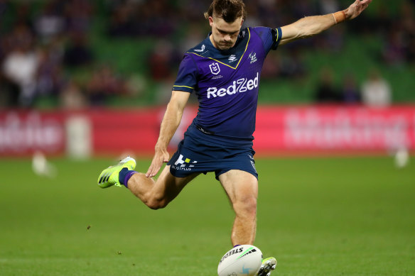 Ryan Papenhuyzen takes a penalty kick for the Storm in the win over South Sydney.