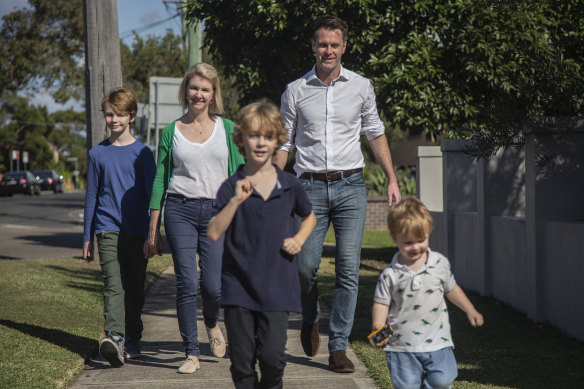 “We are a party of the suburbs now.” Chris Minns with wife Anna and sons (left to right) Joe, Nick and George.