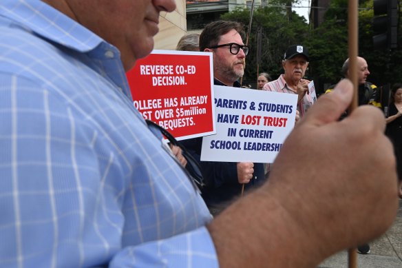 Newington old boys protest about the Stanmore school going co-ed from 2028.