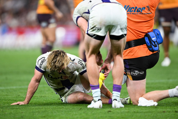 Ryan Papenhuyzen is injured during the game between Melbourne Storm and the Brisbane Broncos.