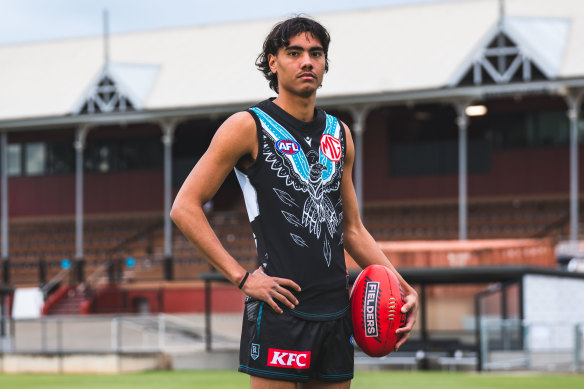 Port Adelaide’s Jase Burgoyne, in the jumper that celebrates his family heritage.