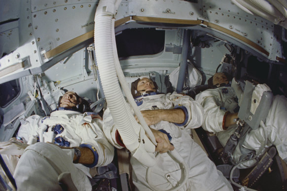 The crew of the Apollo 8 spacecraft, December 1968. Left to right: Lunar Module Pilot William A. Anders, Command Module Pilot James A. Lovell Jr and Commander Frank  F Borman II. 