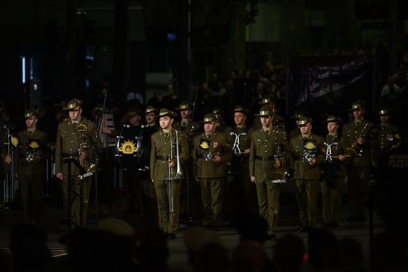 The Australian Army band during ANZAC day dawn service in Martin Place, Sydney.
