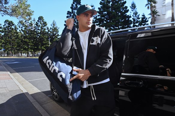 Spotlight: Joseph Suaalii arrives at the NSW team hotel on Monday.