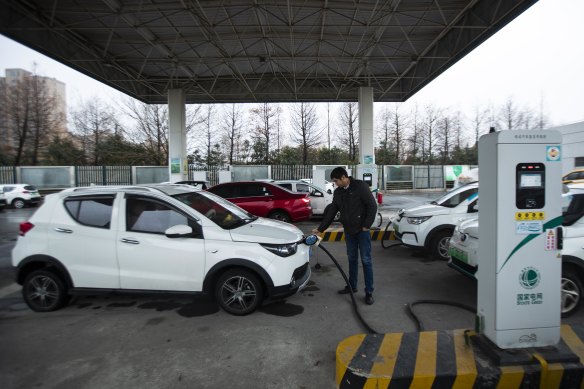 An electric car-charging station in Taizhou, East China’s Jiangsu province.