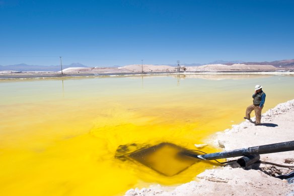 Evaporation ponds in the Atacama Desert, Chile. The sun evaporates the water, leaving lithium chloride.