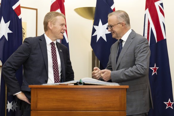 New Zealand Prime Minister Chris Hipkins, left, during a meeting with Anthony Albanese. 