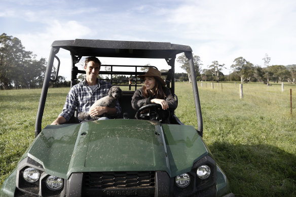 Cummins, fiancée Becky Boston and Norman the dog  at the couple’s NSW Southern Highlands farm.