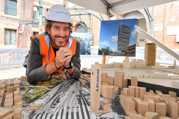 Atlassian founder Scott Farquhar with a scale model of the soon-to-be constructed office tower in Haymarket.
