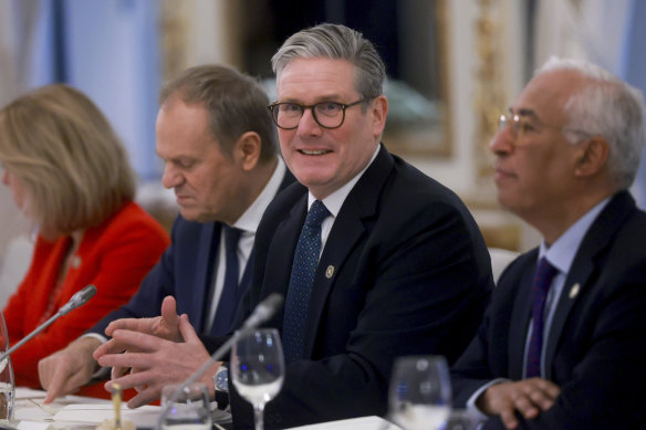UK Prime Minister Keir Starmer, second right, meets with, from left, EU foreign policy chief Kaja Kallas, Poland’s PM Donald Tusk and European Council President Antonio Costa during an EU summit in Brussels.