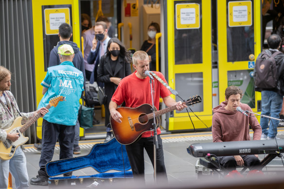 The Rubens busking in Bourke Street mall on Friday.